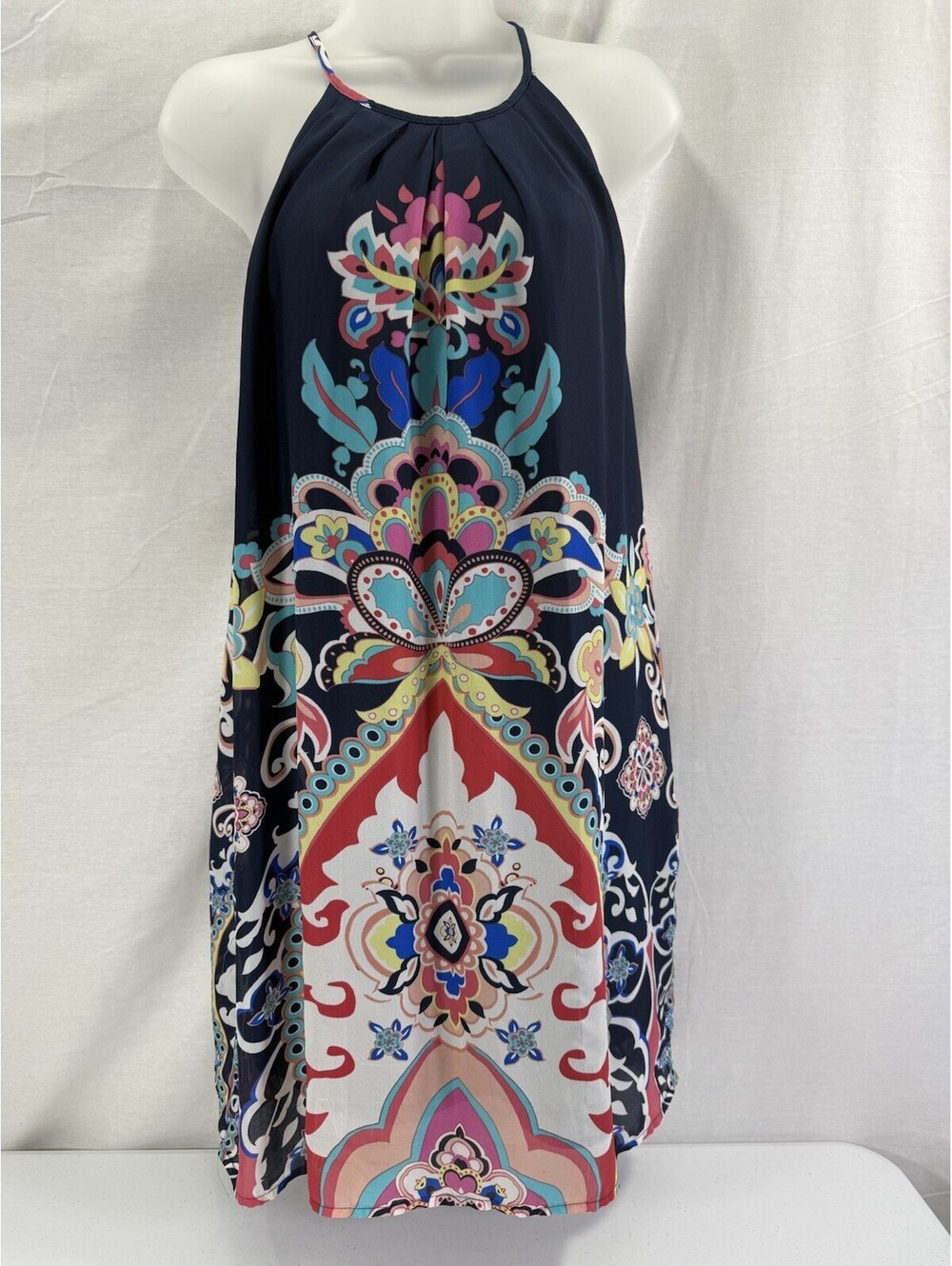 AUW Lined Dress Womens Medium Navy Blue Paisley Floral Print Polyester Sleeveles